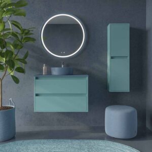 Mueble de baño suspendido 2 cajones CLAIRE con lavabo Solid Surface TURQUESA PASTEL