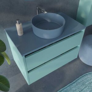 Mueble de baño suspendido 2 cajones CLAIRE con lavabo Solid Surface TURQUESA PASTEL