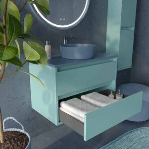 Mueble de baño suspendido 2 cajones CLAIRE con lavabo Solid Surface TURQUESA PASTEL