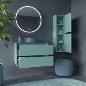 Mueble de baño suspendido 2 cajones CLAIRE con lavabo Solid Surface TURQUESA PASTEL