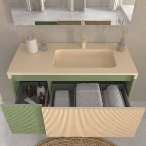Mueble de baño BINARIO suspendido 2 cajones acabado VERDE RESEDA / CREMA