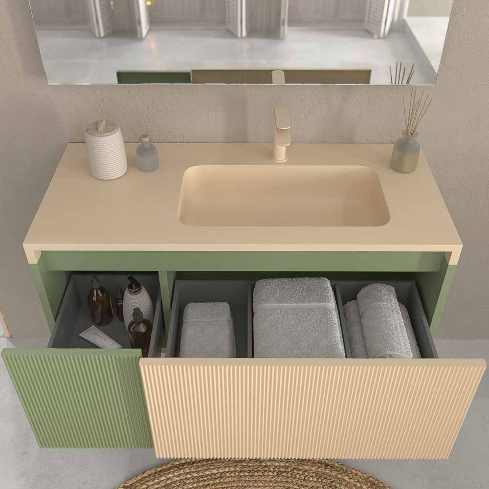 Mueble de baño BINARIO suspendido 2 cajones acabado VERDE RESEDA / CREMA - Imagen 5