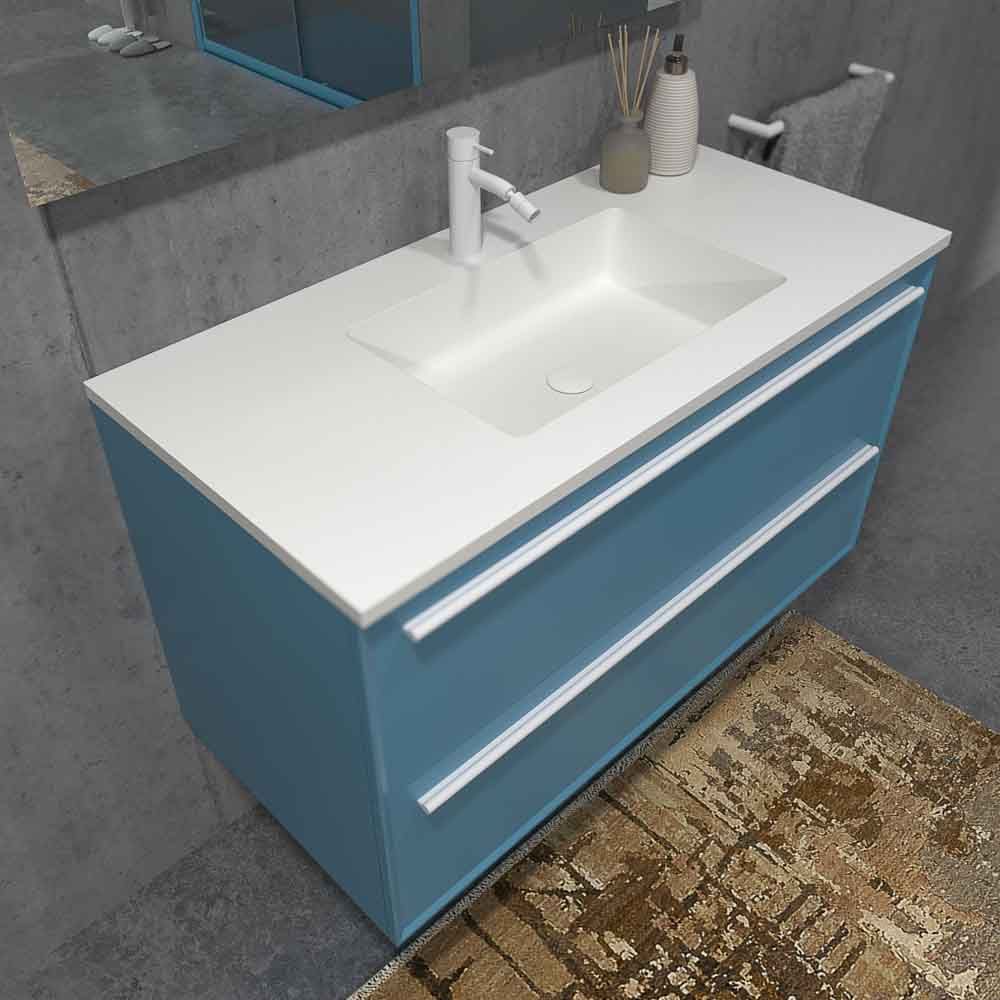 Mueble de baño suspendido 2 cajones BREMA con lavabo Solid Surface AZUL PASTEL - Imagen 4