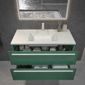 Mueble de baño suspendido 2 cajones BREMA con lavabo Solid Surface VERDE PATINA