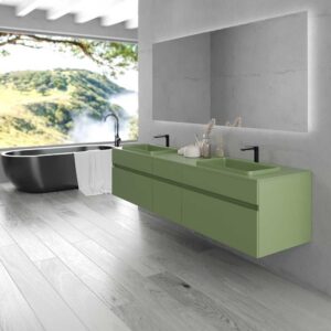 Mueble de baño suspendido DUNE  6 cajones con encimera SOLID SURFACE 2 senos  VERDE RESEDA