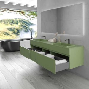 Mueble de baño suspendido DUNE  6 cajones con encimera SOLID SURFACE 2 senos  VERDE RESEDA