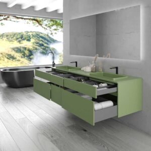 Mueble de baño suspendido DUNE  6 cajones con encimera SOLID SURFACE 2 senos  VERDE RESEDA