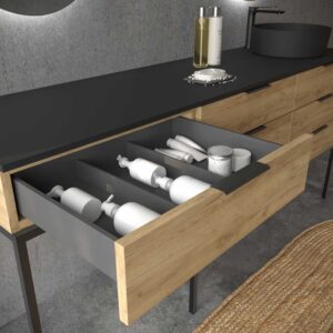Mueble de baño ELLA con patas 3 cajones con tocador ROBLE CLARO con tapa SOLID SURFACE lavabo OSIRIS