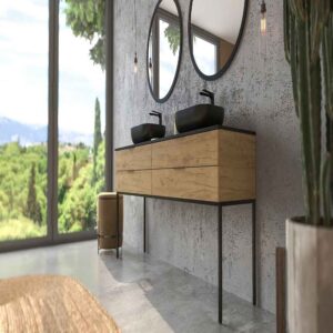 Mueble de baño ELLA con patas 4 cajones ROBLE CLARO con tapa SOLID SURFACE lavabos HORUS