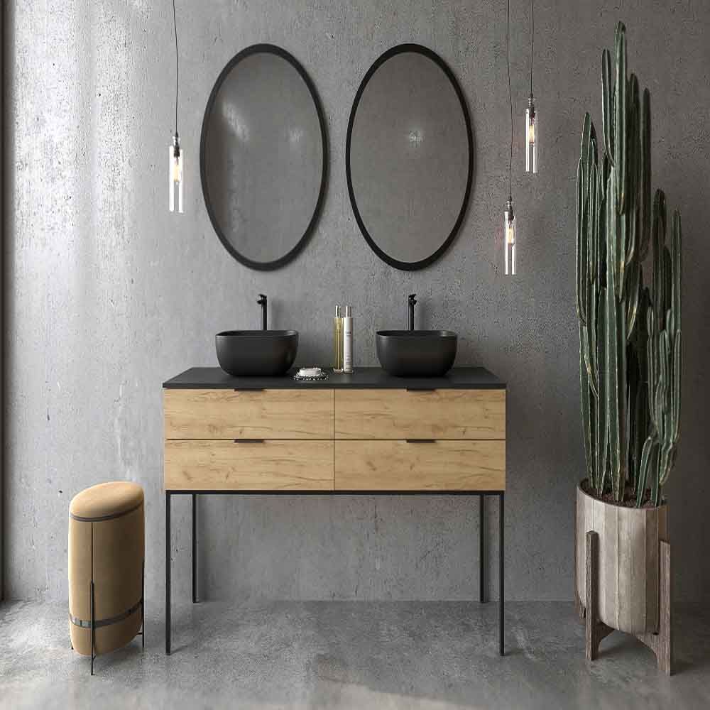 Mueble de baño ELLA con patas 4 cajones ROBLE CLARO con tapa SOLID SURFACE lavabos HORUS