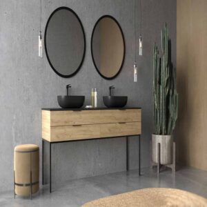 Mueble de baño ELLA con patas 4 cajones ROBLE CLARO con tapa SOLID SURFACE lavabos HORUS
