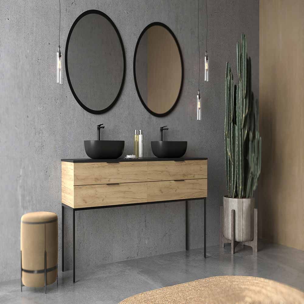 Mueble de baño ELLA con patas 4 cajones ROBLE CLARO con tapa SOLID SURFACE lavabos HORUS - Imagen 4