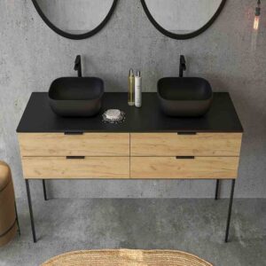 Mueble de baño ELLA con patas 4 cajones ROBLE CLARO con tapa SOLID SURFACE lavabos HORUS