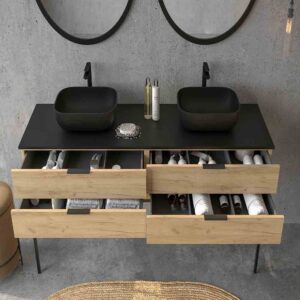 Mueble de baño ELLA con patas 4 cajones ROBLE CLARO con tapa SOLID SURFACE lavabos HORUS