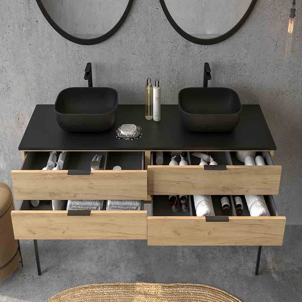 Mueble de baño ELLA con patas 4 cajones ROBLE CLARO con tapa SOLID SURFACE lavabos HORUS - Imagen 2