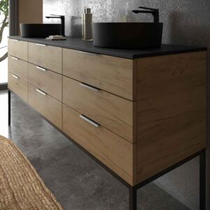 Mueble de baño ELLA con patas 9 cajones con tapa SOLID SURFACE 2 lavabos ROBLE CLARO