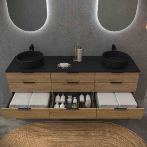 Mueble de baño ELLA con patas 9 cajones con tapa SOLID SURFACE 2 lavabos ROBLE CLARO