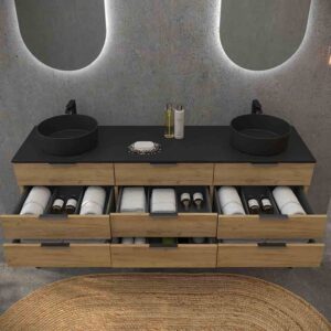 Mueble de baño ELLA con patas 9 cajones con tapa SOLID SURFACE 2 lavabos ROBLE CLARO