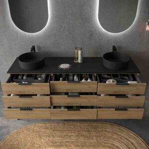 Mueble de baño ELLA con patas 9 cajones con tapa SOLID SURFACE 2 lavabos ROBLE CLARO