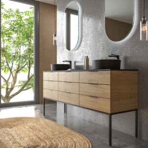 Mueble de baño ELLA con patas 9 cajones con tapa SOLID SURFACE 2 lavabos ROBLE CLARO