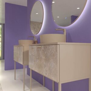 Mueble de baño GRATE con patas 1 cajón acabado mármol ONIX MOKA con tapa y lavabo SOLID SURFACE Osiris