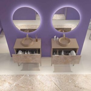 Mueble de baño GRATE con patas 1 cajón acabado mármol ONIX MOKA con tapa y lavabo SOLID SURFACE Osiris