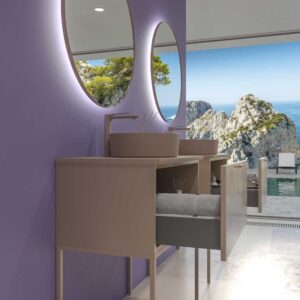 Mueble de baño GRATE con patas 1 cajón acabado mármol ONIX MOKA con tapa y lavabo SOLID SURFACE Osiris