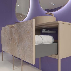 Mueble de baño GRATE con patas 1 cajón acabado mármol ONIX MOKA con tapa y lavabo SOLID SURFACE Osiris