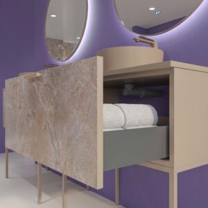 Mueble de baño GRATE con patas 1 cajón acabado mármol ONIX MOKA con tapa y lavabo SOLID SURFACE Osiris