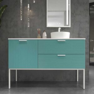 Mueble de baño HOLE con patas 2 cajones/1puerta acabado PASTEL TURQUESA con tapa y lavabo Osiris Solid Surface BLANCO