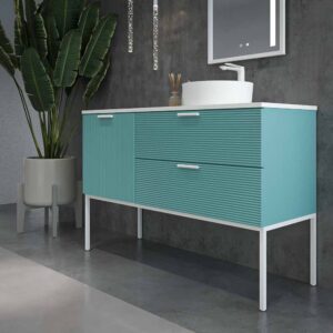 Mueble de baño HOLE con patas 2 cajones/1puerta acabado PASTEL TURQUESA con tapa y lavabo Osiris Solid Surface BLANCO
