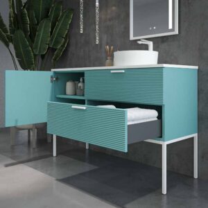 Mueble de baño HOLE con patas 2 cajones/1puerta acabado PASTEL TURQUESA con tapa y lavabo Osiris Solid Surface BLANCO