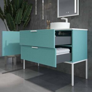 Mueble de baño HOLE con patas 2 cajones/1puerta acabado PASTEL TURQUESA con tapa y lavabo Osiris Solid Surface BLANCO