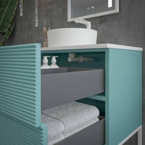 Mueble de baño HOLE con patas 2 cajones/1puerta acabado PASTEL TURQUESA con tapa y lavabo Osiris Solid Surface BLANCO