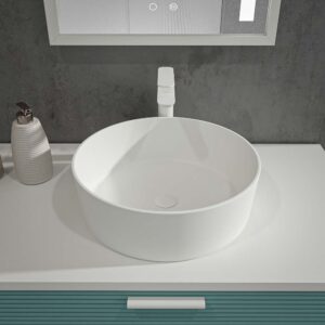 Mueble de baño HOLE con patas 2 cajones/1puerta acabado PASTEL TURQUESA con tapa y lavabo Osiris Solid Surface BLANCO