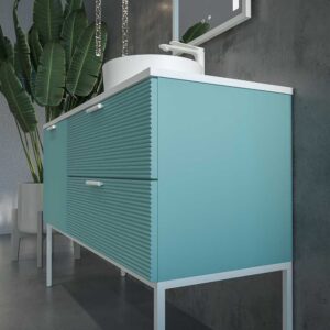 Mueble de baño HOLE con patas 2 cajones/1puerta acabado PASTEL TURQUESA con tapa y lavabo Osiris Solid Surface BLANCO