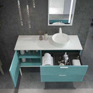 Mueble de baño HOLE con patas 2 cajones/1puerta acabado PASTEL TURQUESA con tapa y lavabo Osiris Solid Surface BLANCO