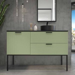 Mueble de baño HOLE con patas 2 cajones/1puerta acabado VERDE PALIDO con tapa y lavabo Osiris Solid Surface NEGRO