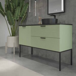 Mueble de baño HOLE con patas 2 cajones/1puerta acabado VERDE PALIDO con tapa y lavabo Osiris Solid Surface NEGRO