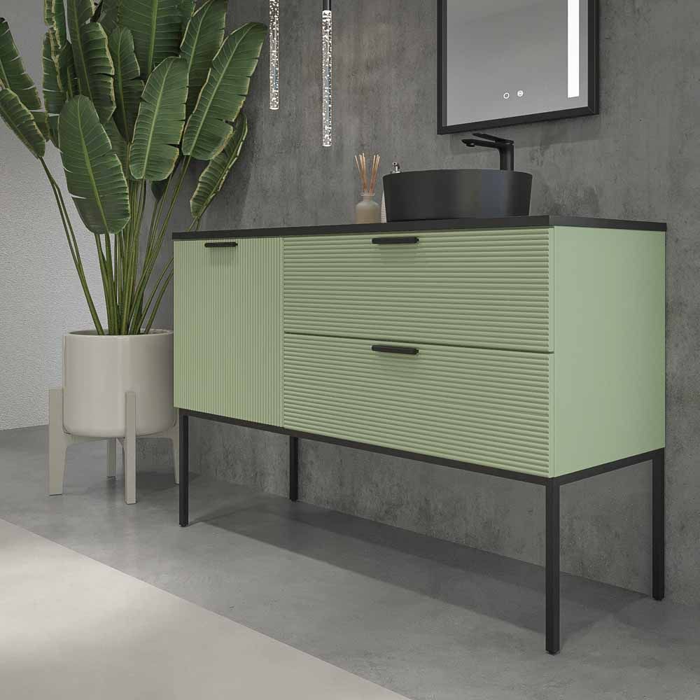 Mueble de baño HOLE con patas 2 cajones/1puerta acabado VERDE PALIDO con tapa y lavabo Osiris Solid Surface NEGRO - Imagen 8