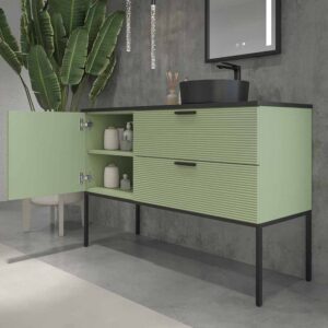 Mueble de baño HOLE con patas 2 cajones/1puerta acabado VERDE PALIDO con tapa y lavabo Osiris Solid Surface NEGRO