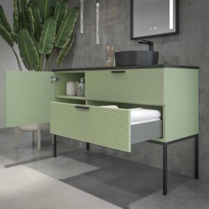 Mueble de baño HOLE con patas 2 cajones/1puerta acabado VERDE PALIDO con tapa y lavabo Osiris Solid Surface NEGRO