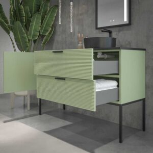 Mueble de baño HOLE con patas 2 cajones/1puerta acabado VERDE PALIDO con tapa y lavabo Osiris Solid Surface NEGRO