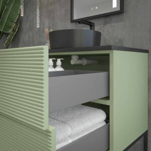 Mueble de baño HOLE con patas 2 cajones/1puerta acabado VERDE PALIDO con tapa y lavabo Osiris Solid Surface NEGRO