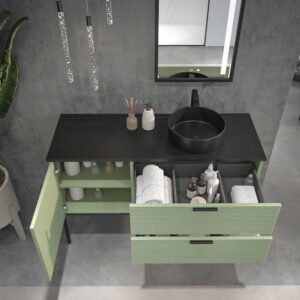 Mueble de baño HOLE con patas 2 cajones/1puerta acabado VERDE PALIDO con tapa y lavabo Osiris Solid Surface NEGRO