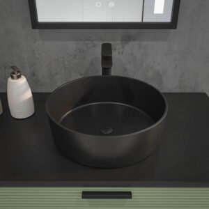 Mueble de baño HOLE con patas 2 cajones/1puerta acabado VERDE PALIDO con tapa y lavabo Osiris Solid Surface NEGRO