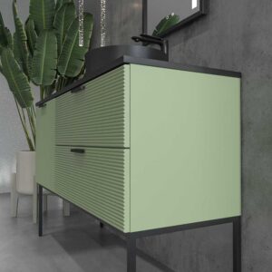 Mueble de baño HOLE con patas 2 cajones/1puerta acabado VERDE PALIDO con tapa y lavabo Osiris Solid Surface NEGRO