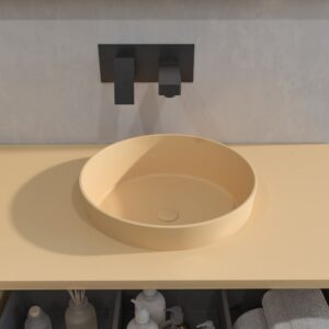 Mueble de baño HOLE suspendido 3 cajones acabado CREMA con encimera SOLID SURFACE lavabo semiencastrado Osiris
