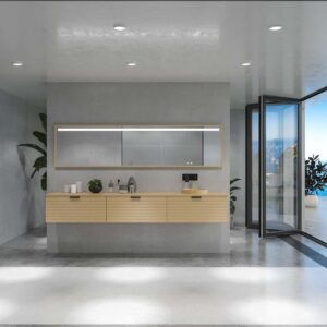 Mueble de baño HOLE suspendido 3 cajones acabado CREMA con encimera SOLID SURFACE lavabo semiencastrado Osiris