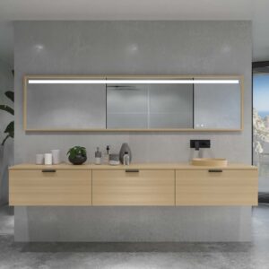 Mueble de baño HOLE suspendido 3 cajones acabado CREMA con encimera SOLID SURFACE lavabo semiencastrado Osiris